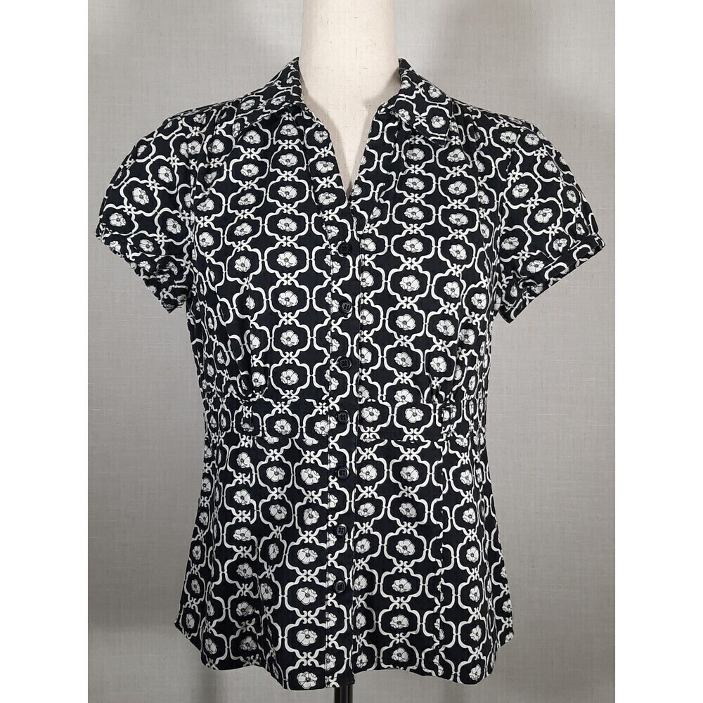 Requirements Empire Waist Babydoll Stretch Top Full Button Black and White SZ 8